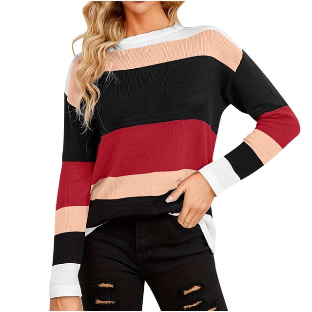 Besolor Womens Fall Cute Sweaters Color Block Long Sleeve Crewneck Knit Pullover Sweaters Tops for Women