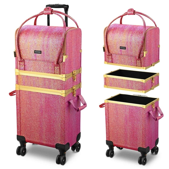 Byootique Red Gold Makeup Train Case Lockable Rolling Cosmetic Trolley Storage