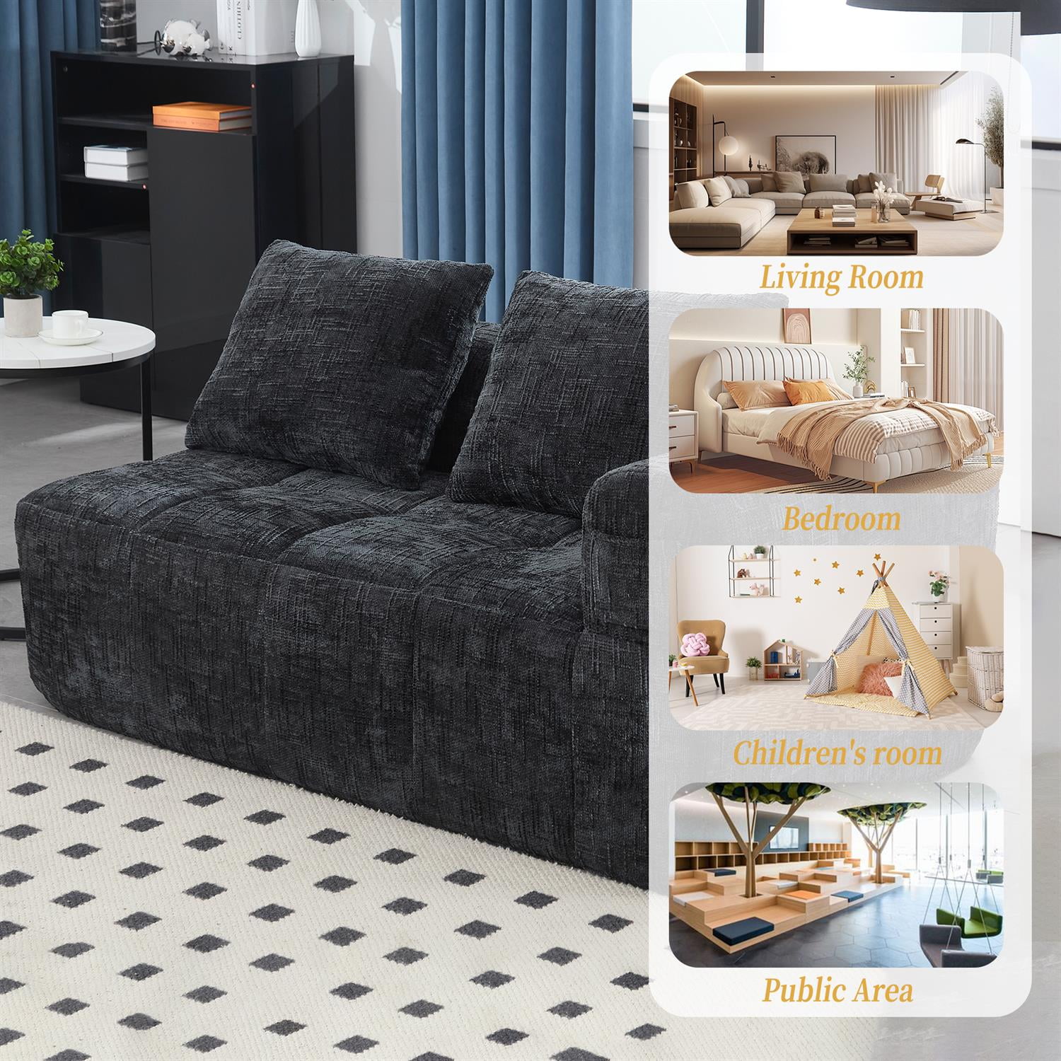 Demi Bonn 62" Plush Chenille Loveseat Sofa, Modular Sleeper for Living Room, Bedroom, Apartment Lounge, Stylish & Comfortable Couch, Black