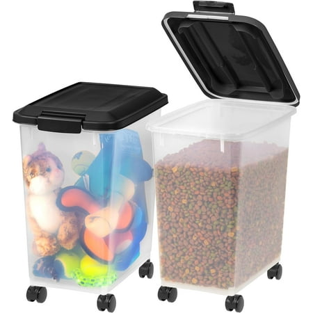 IRIS USA 30 Lbs / 33 Qt Airtight Dog Food Storage Container with Attachable Casters  2 Pack  for Dog Cat Bird and Other Pet Food Storage Bin  Keep Fresh  Easy Mobility  Clear/Black