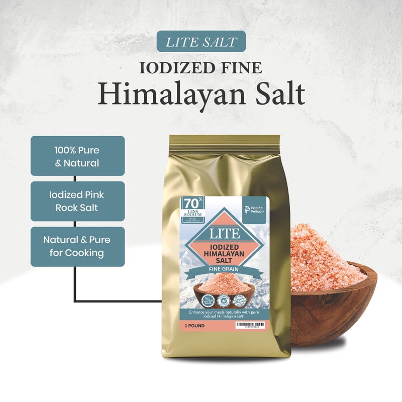 Pacific Pelican Iodized Lite Himalayan Pink Salt | 70% Less Sodium | Fine Grain, Unrefined, Pure Rock Salt, 100% Natural & Organic for Cooking, Seasoning & Wellness - Pack of 2