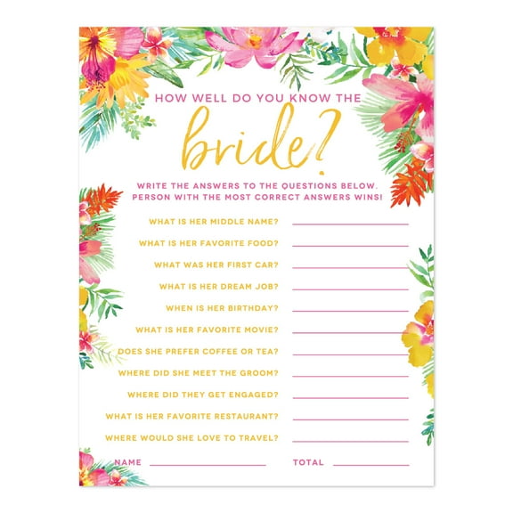 Tropical Floral Garden Party Wedding, How Well Do You Know the Bride? Bridal Shower Game Cards, 20-Pack