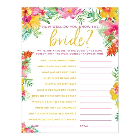 Tropical Floral Garden Party Wedding  How Well Do You Know the Bride? Bridal Shower Game Cards  20-Pack price history on PriceWatchPro