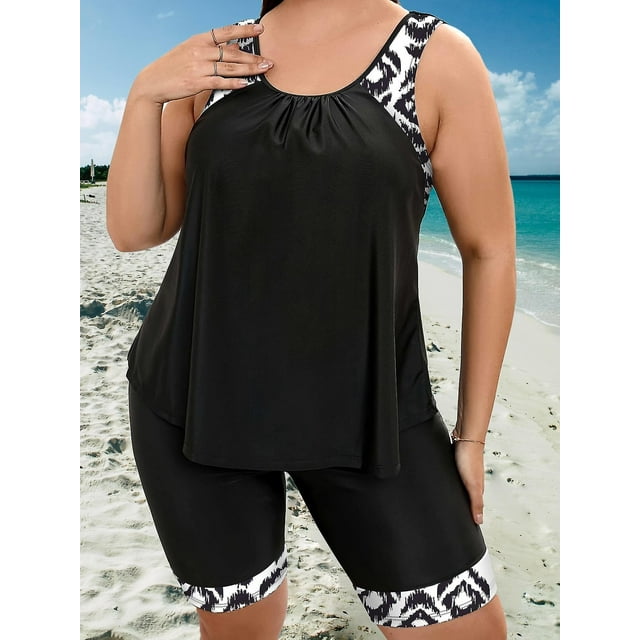 New Models Chic Plus Size Tankini Set - Trendy Graphic 2-piece Swimwear With Comfort Fit Round Neck Top Shorts For Beach Getaways