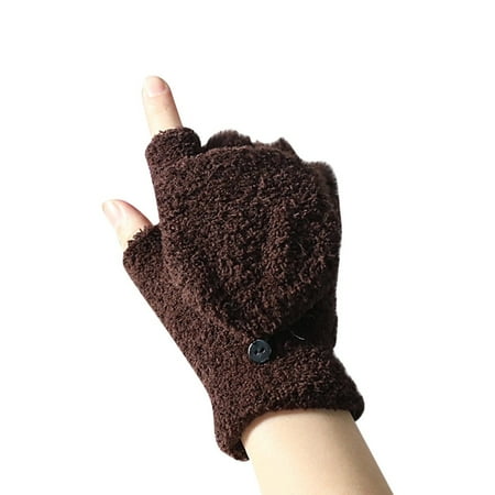 

YUEHAO Couple s Simple Cold-Proof Gloves With Coral Flipped Half-Finger Gloves Coffee