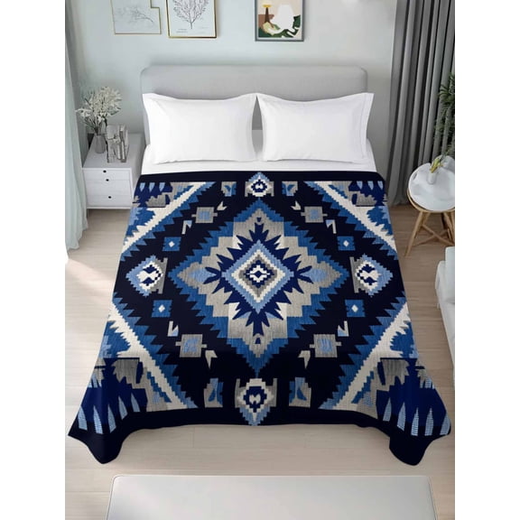 Boho Navy Blue Grey Twim Size Flat Sheet, Wrinkleproof & Fadeproof Cooling Flat Bed Sheet Only, Ethnic Geometric Southwestern Vintage Breathable Soft Bedding Top Sheets 66 x 96 Inches