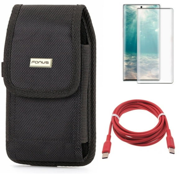 Screen Protector & Red 6ft Long Cable & Case Belt Clip for Samsung Galaxy Note 20 (6.7") - Combo with Tempered Glass (Fingerprint Unlock) & USB-C to Type-C PD Fast Charger & Swivel Holster