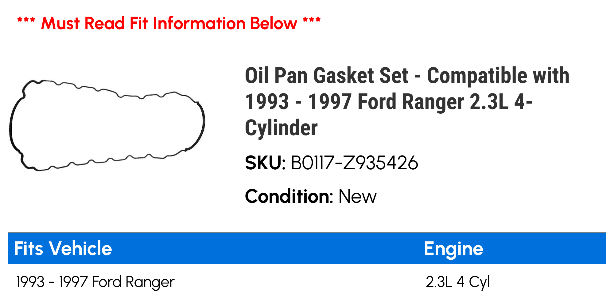 Oil Pan Gasket Set - Compatible with 1993 - 1997 Ford Ranger 2.3L 4-Cylinder 1994 1995 1996