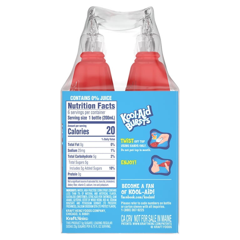 8 pack) Kool-Aid Bursts Soft Drink, 6 Bottles, for School Lunches