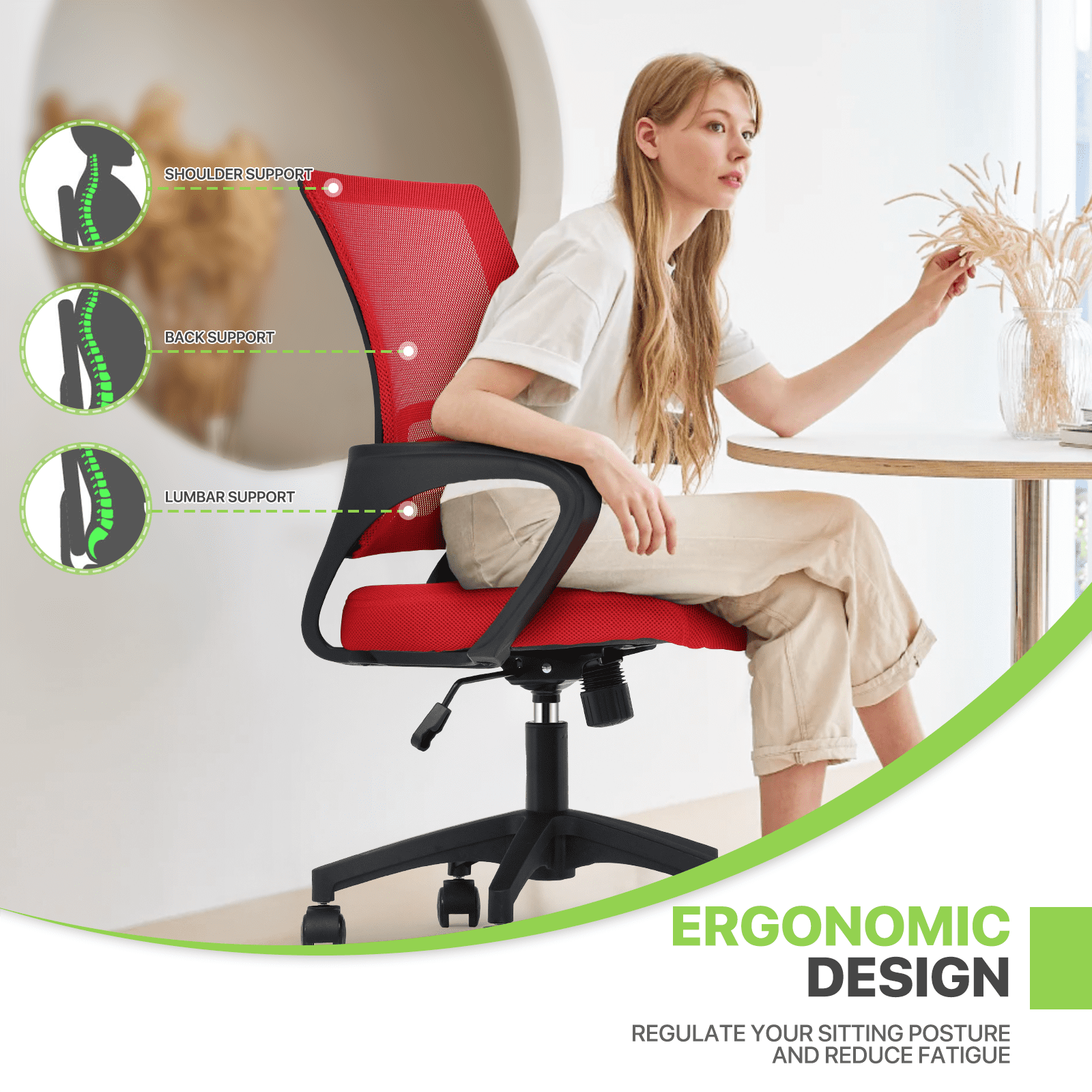 Magshion Set of 2 Office Chairs Mid Back Swivel Desk Chairs, Height Adjustable Ergonomic Mesh Computer Chairs with Armrest & Lumbar Support, Red