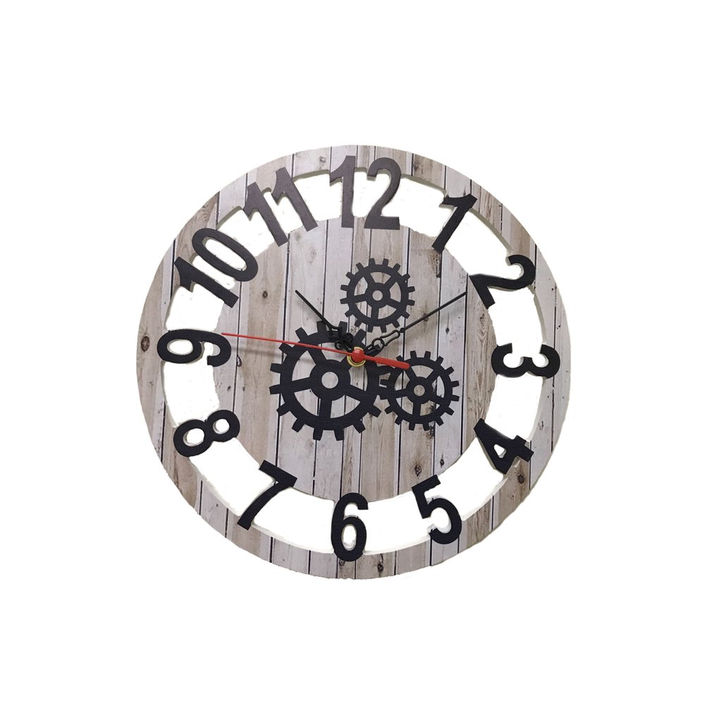 12" Solid Wood Gear Clock on the clock face with Wooden Material