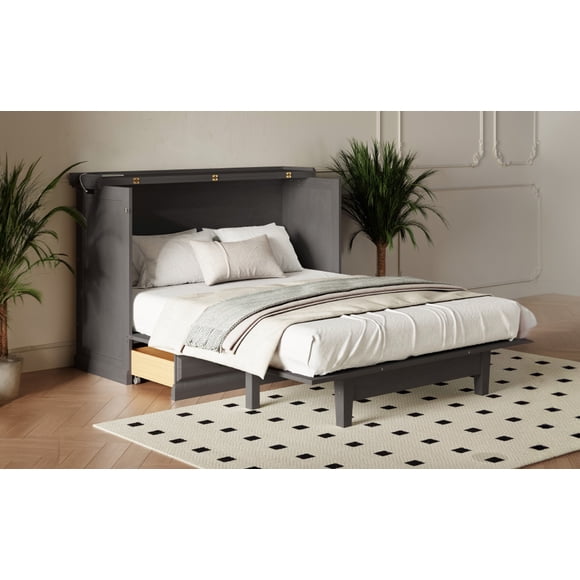 Farmhouse Style Solid Pine Wood Murphy Bed Chest Cube Cabinet Bed with Charging Station and Large Storage Drawer for Home Office or Small Room, Queen, Grey