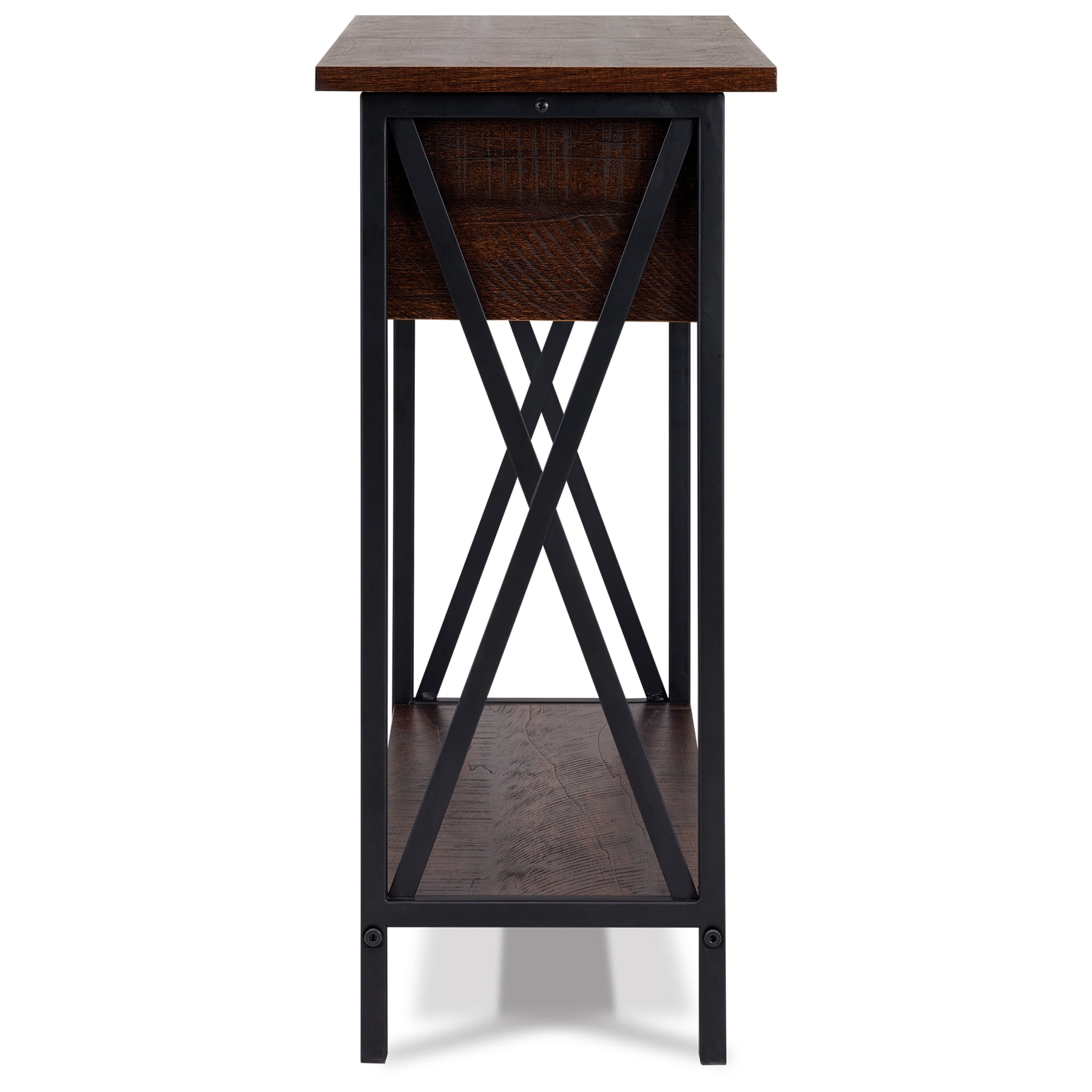 DecorTech Metal and Wood Flip Top End Table with AC Power and USB Charging Ports, Walnut