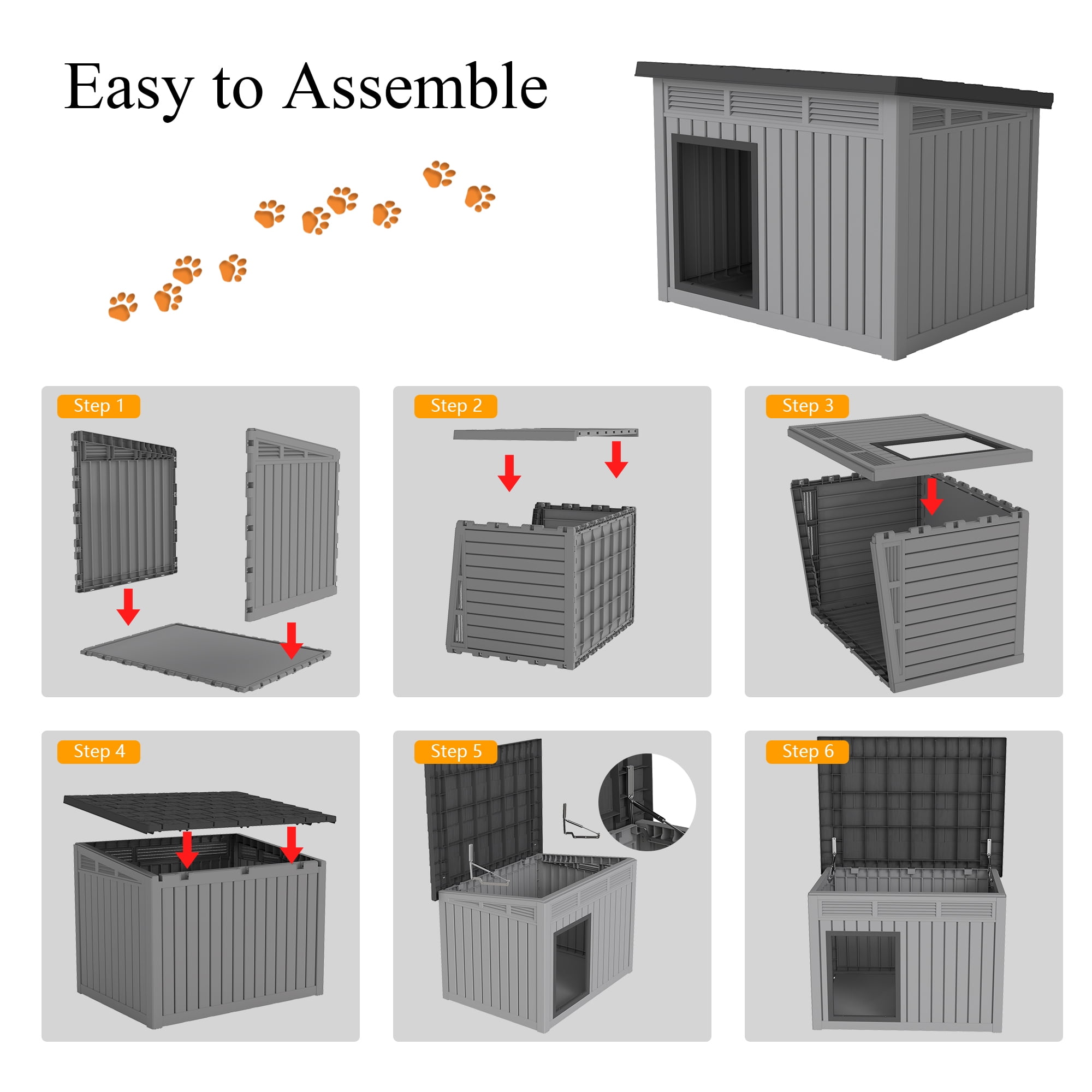 Decksplore Large Dog House (42.9"x33"x32"), Waterproof, HDPE Dog Kennel with Lift-Up Sloping Roof for Courtyard, Living Room, Bedroom (Gray)