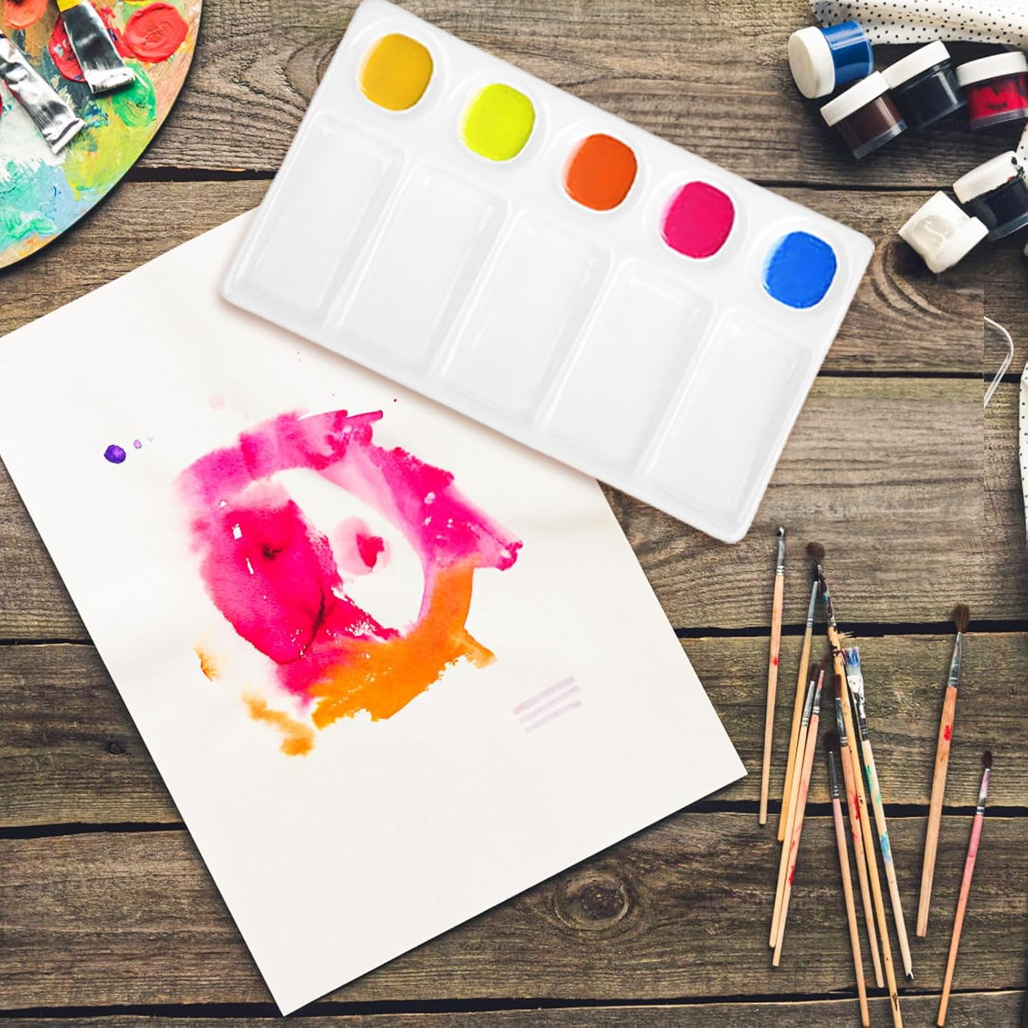 Xlhshop 2-Pack 10-Well Ceramic Paint Palettes, Rectangular Mixing Trays for Watercolor & Acrylic