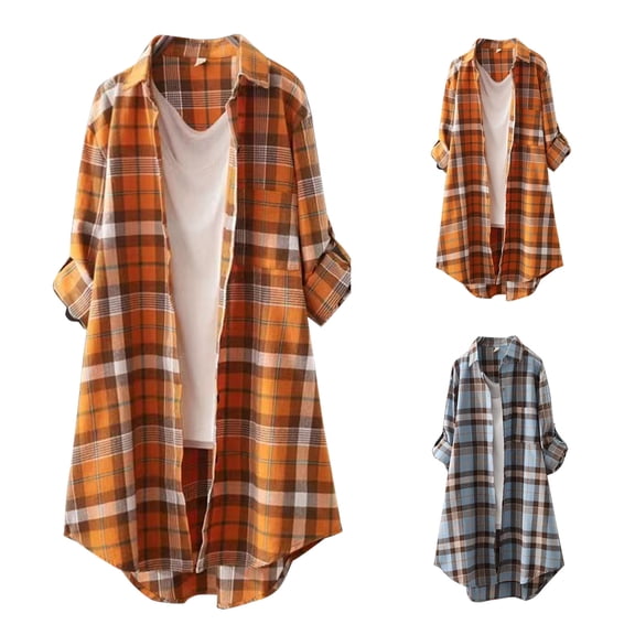 Women's Plaid Shacket Jacket Long Sleeve Shirts Button down Cardigan Loose Fit Lightweight Casual Jacket Coats by Yigetop Blue L