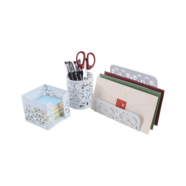 Easypag Cute Office Supplies Juego De Accesorios Y Organizador De Escritorio De 3 Piezas - Clasificador De Letras Porta Bolígrafos Porta Notas Adhesivas Blanco