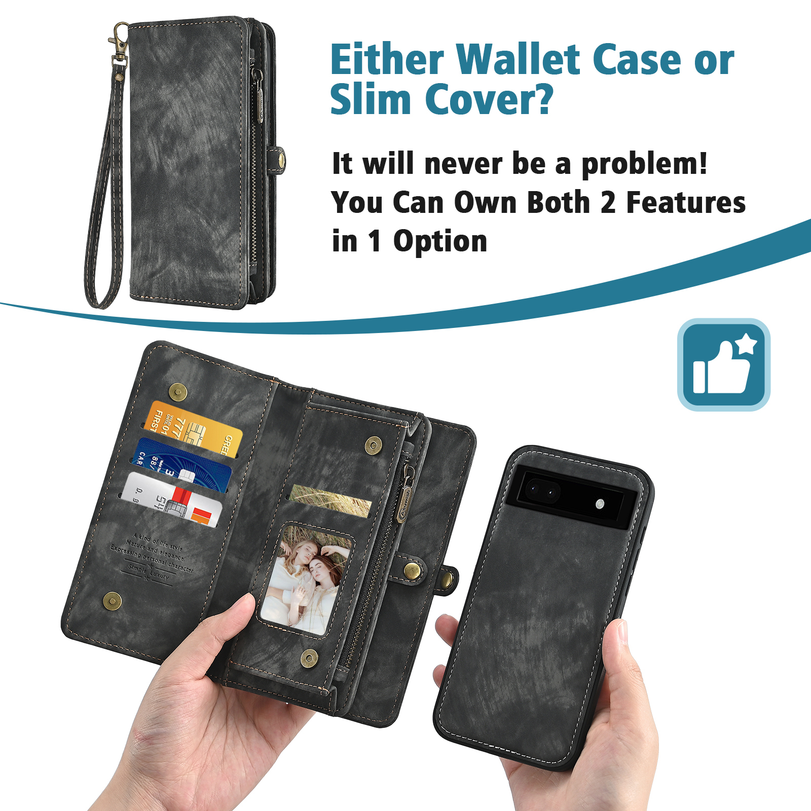 Asuwish Compatible with Google Pixel 6A 5G 2022 Phone Case Zipper Wallet Detachable Tempered Glass Screen Protector Crossbody Lanyard Strap Flip Card Holder Slot Cell Cover for Pixel6A A6 Women Black
