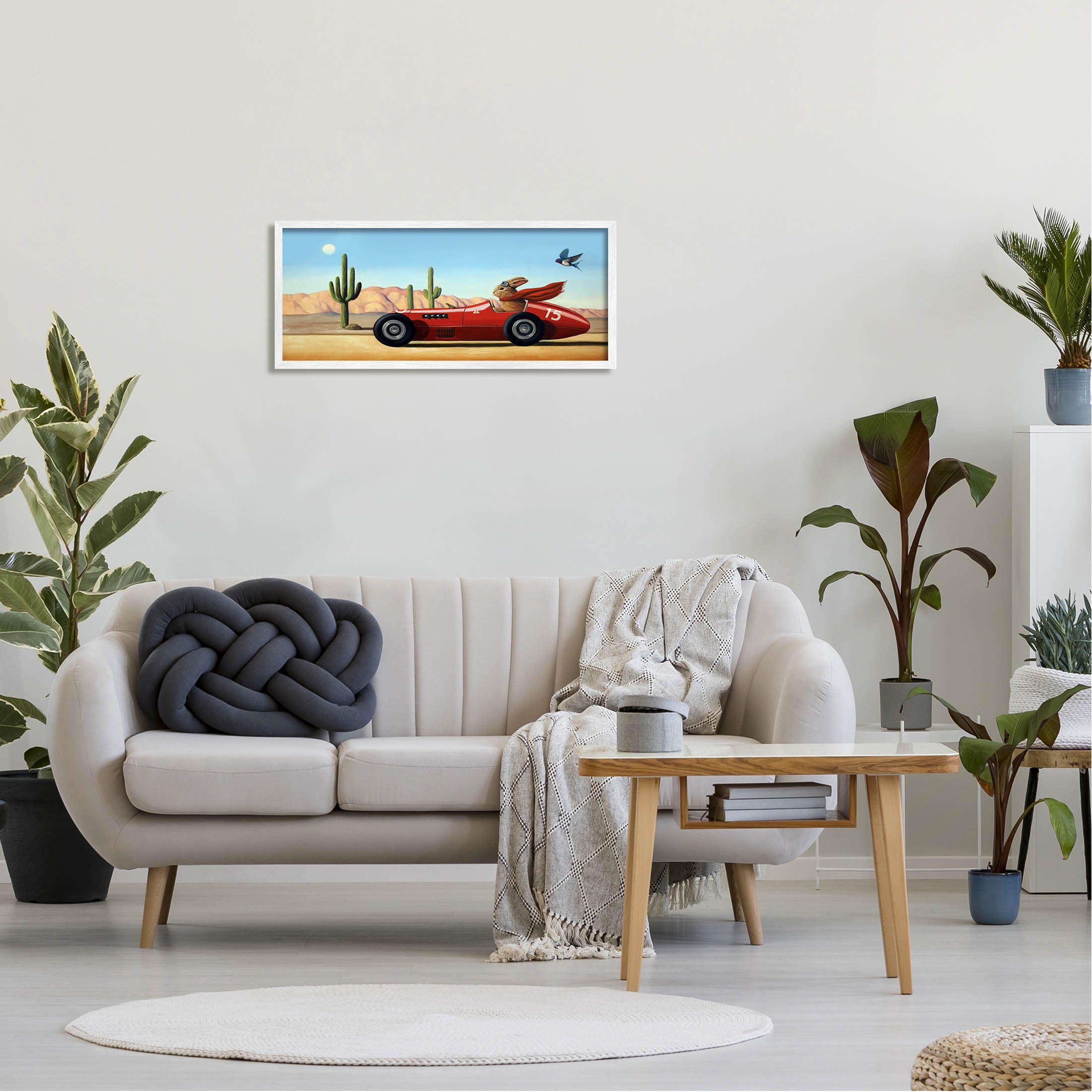 Stupell Industries Race Car Bunny Driving Desert Canyon Painting White Framed Art Print Wall Art, Design by Lucia Heffernan