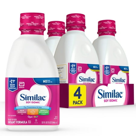 Similac Soy Isomil Baby Formula For Fussiness and Gas, 4 Count Ready-to-Feed, 1-Quart Bottle