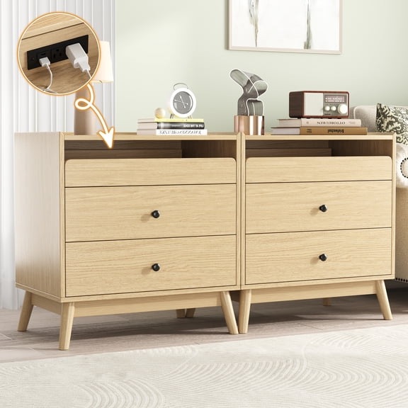 NEGYLIM 3-Drawer Nightstand with Hidden Charging Station, Wood Bedside Table 25" Height x 24" Width, Bedroom Furniture End Table, 2-Pcs