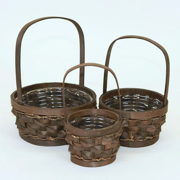 Set Of 3 Black And Brown Slatwood Handled Baskets
