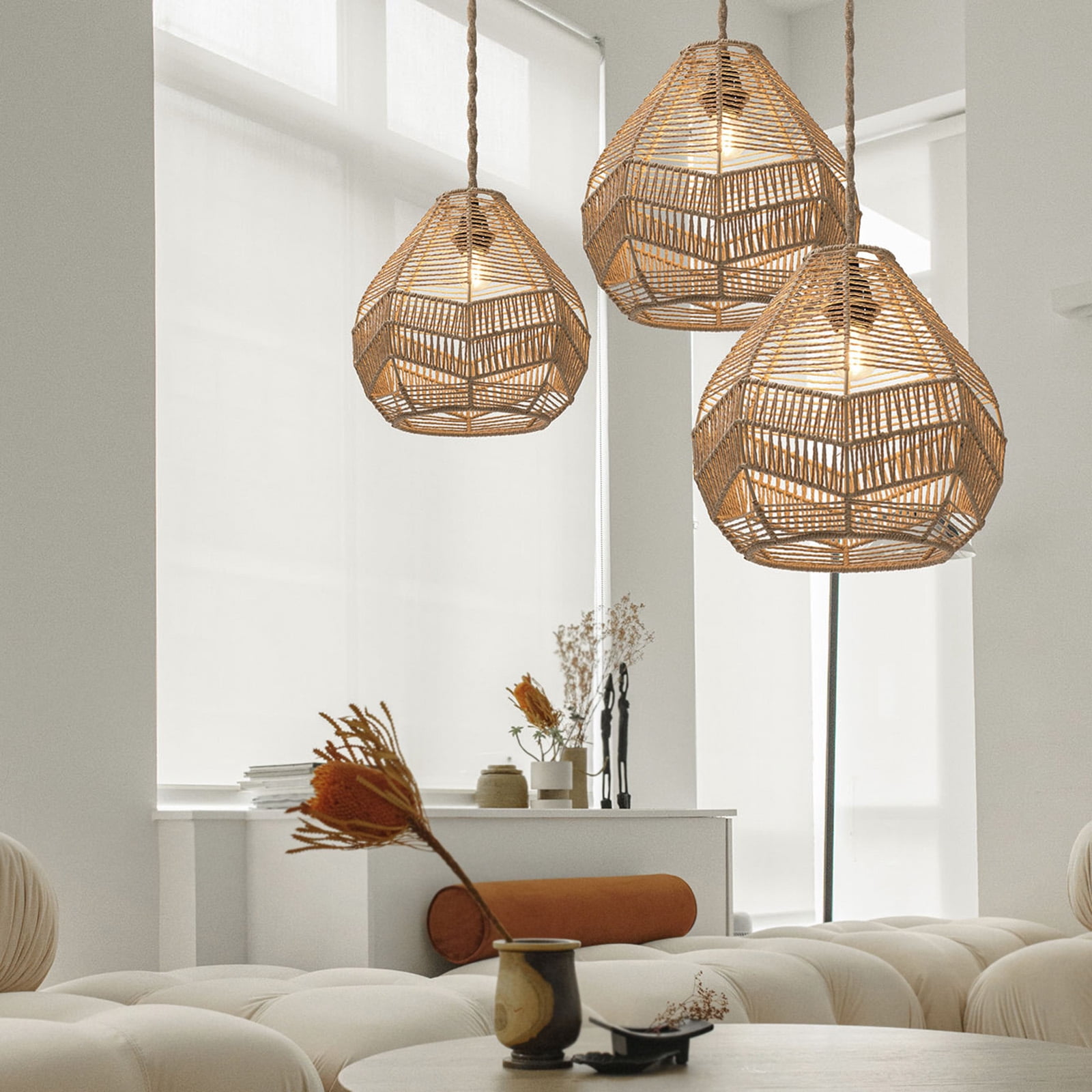 Natural Beige Ceiling Light Shade Boho Farmhouse decor Wicker Pendant Light Hanging Ceiling Light Fixture Light Fixture Cover for Entryway Living Room Dining Room Ceiling Lighting