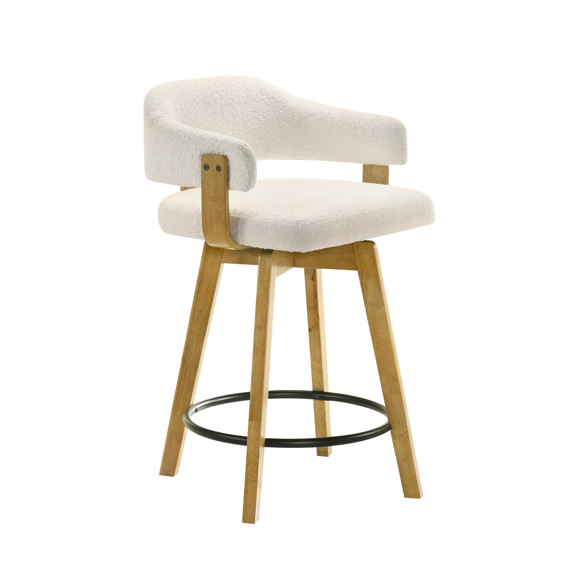 Callah Contemporary Natural Wood Counter Height Kitchen Bar Stool in Amber Glow Finish with White Boucle Fabric Upholstered Seat