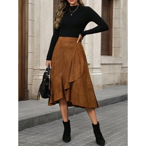 Bronze Suede Asymmetrical Ruffle Hem A-Line Midi Skirt
