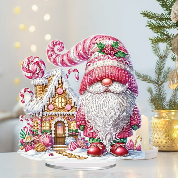 Desktop Diamond Art Painting Kit, Pink Gnomes in Front of Houses DIY Desktop Ornament Decoration, Acrylic Special Shape Diamond Art for Home Decor Ornaments and Gifts