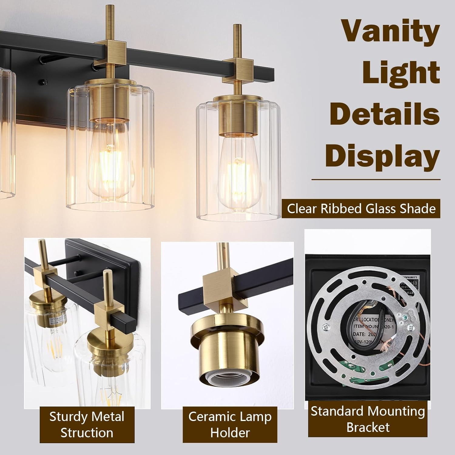 Textured Glass Bathroom Vanity Light 3-Light Brass Wall Light Fixtures over Mirror Black and Gold Vanity Lighting for Bathroom Wall Sconce
