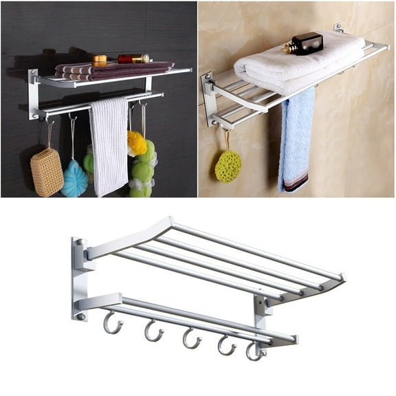 SOPOTUTU Wall Mounted Double Layer Aluminum Towel Rack with Hooks for Bathroom Towels, Sponges, and Accessories
