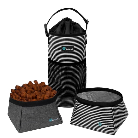 PetAmi Travel Dog Food Bag with 2 Collapsible Bowls Waterproof Dog Kibble Storage & Foldable Food Water Bowls for Dogs & Cats, Hiking & Camping (Stripe Black, Grey)
