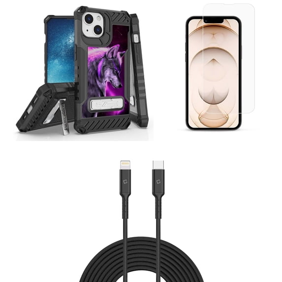 Bemz iPhone 13 Bundle: Tri Shield Shockproof Armor Rugged Case (Galaxy Wolf), Premium Glass Screen Protectors (2-Pack), USB-C to Lightning Cable (3.3ft/1m)