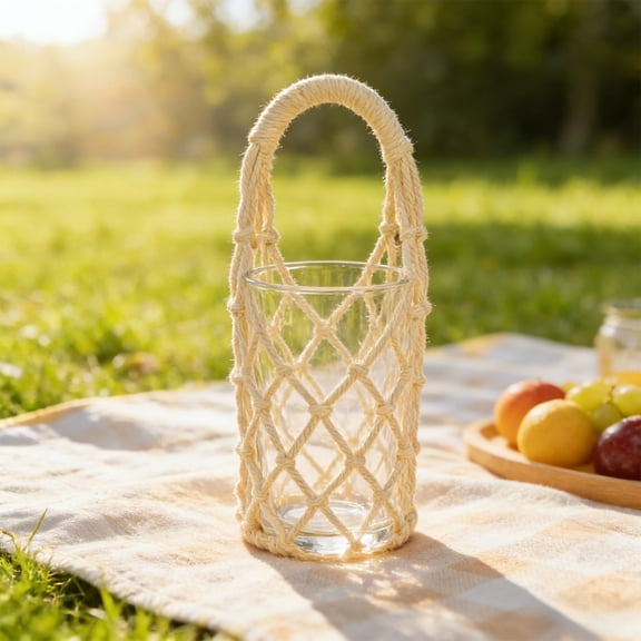 Oefntac Water Bottle Holder Net Bag Milk Tea Coffee Cup Sleeve Portable Cotton Linen Handheld Bottle Holder Travel Water Sports Bohemian Stylish Accessory Reusable Heat Protect