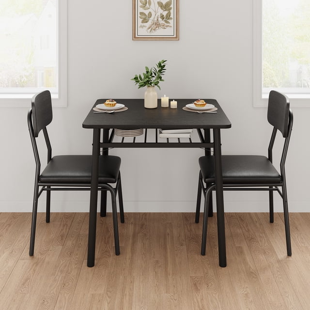 Kojooin 3-Piece Dining Table Set, Small Wood Kitchen Table with Upholstered Chairs and Storage Rack