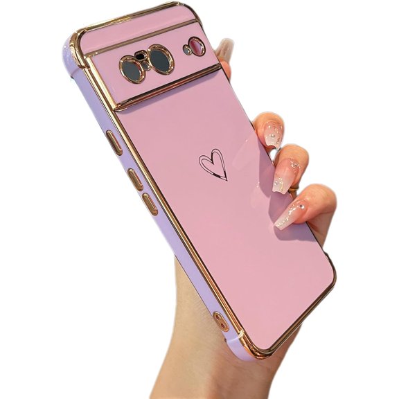 for Google Pixel 8 6.2 inch Case,Cute Plating Edge Love Hearts Pattern with Camera Lens Protection Phone Cover for Girls Women,Purple