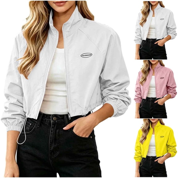Tbopshirt Jacket for Women Stand Collar Long Sleeve Zip Up Drawstring Hem Loose Casual Solid Color Cropped Jacket for Spring Fall