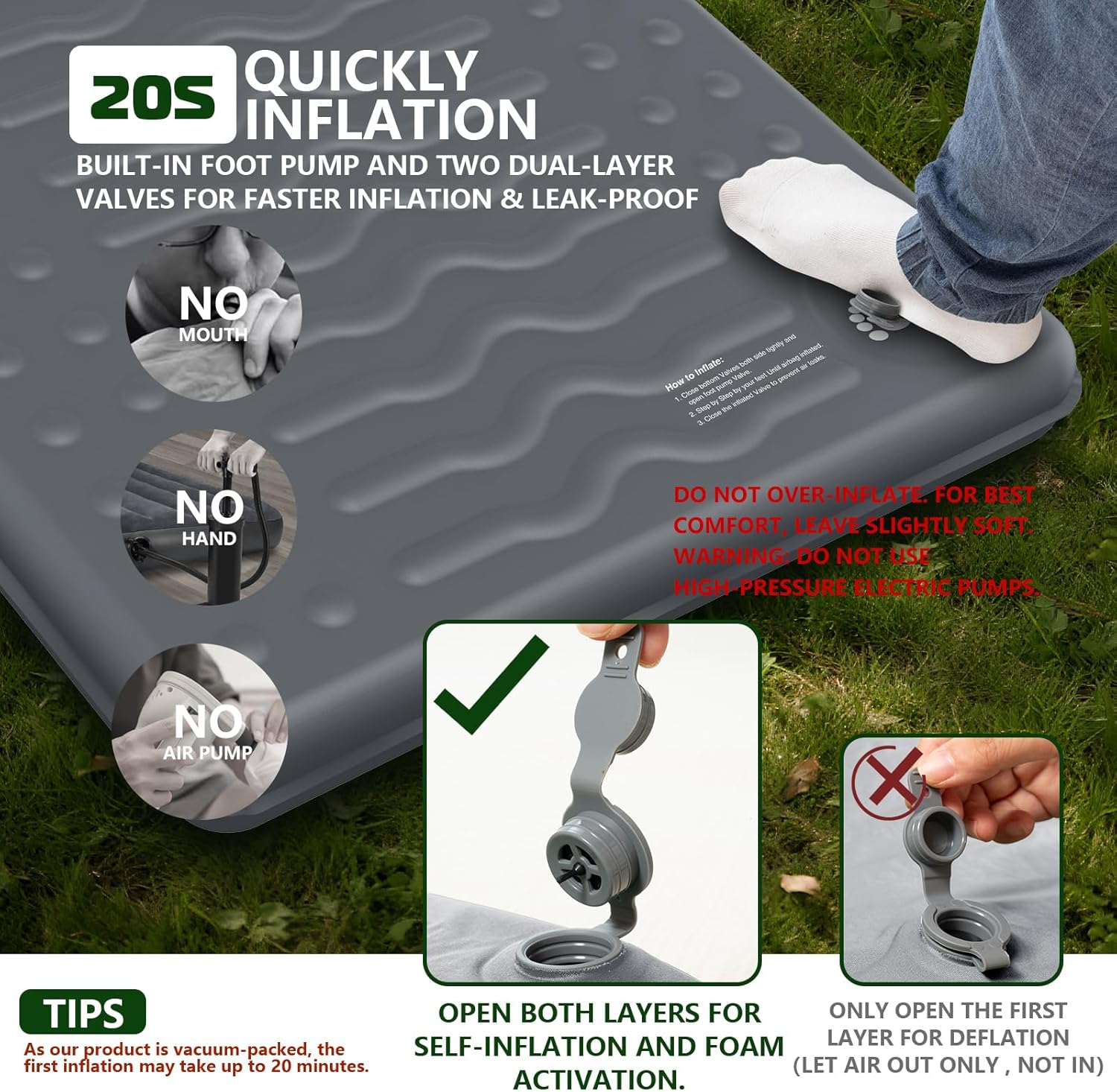 Memory Foam Sleeping Pad, Compact 3 Inch Thick Camping Mattress with Pillow, 9.5 R-Value Insulated Inflatable Sleep Mat for Backpacking Hiking Car Tent