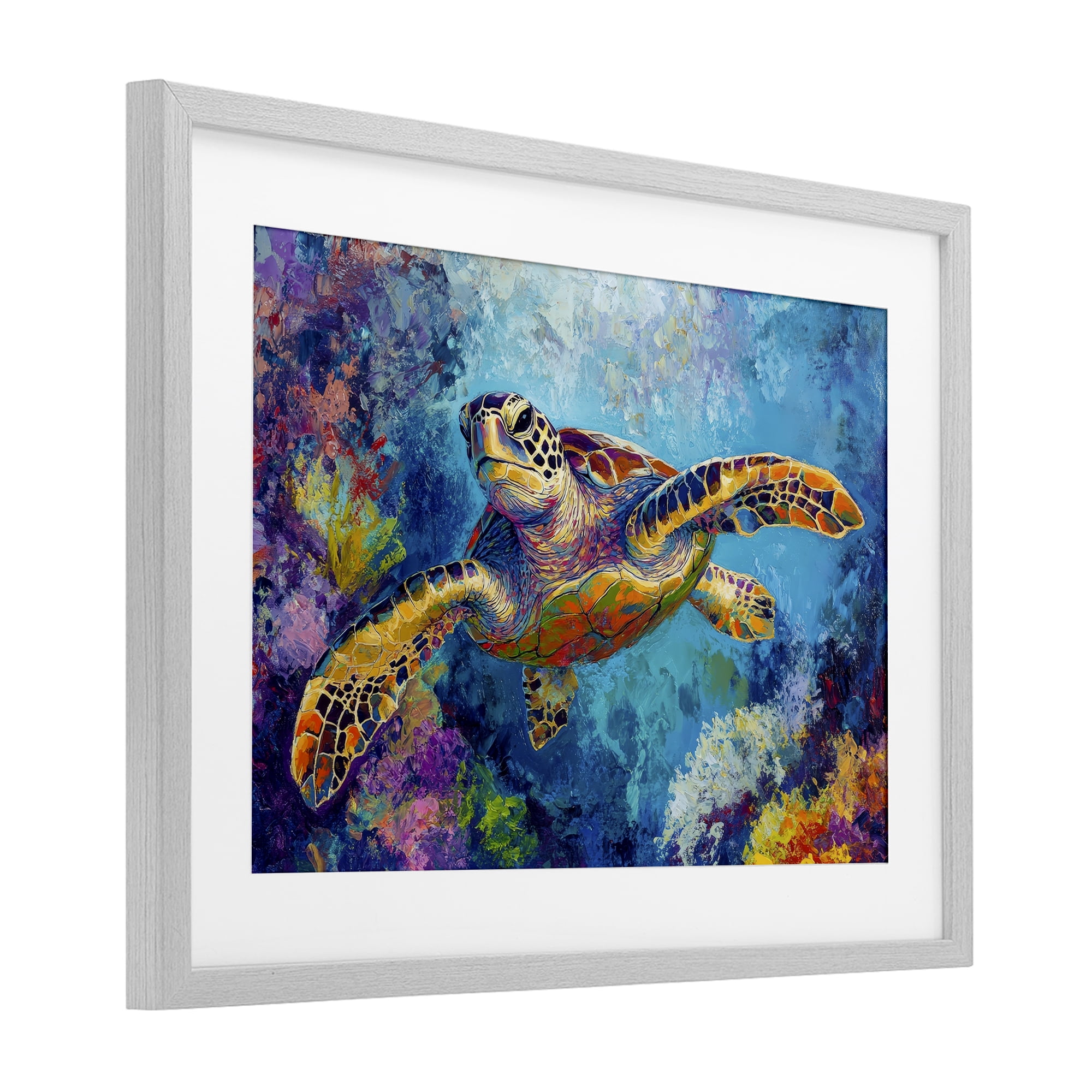 Stupell Industries Colorful Sea Turtle over Coral Gray Framed Print Under Glass, design by Petal Prints Design