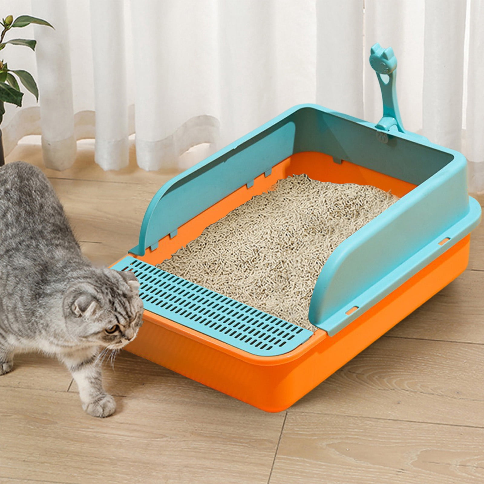 Semi Enclosed Cat Litter Box, Large Capacity Splash Proof Toilet with High Sides and Pedal, Durable Plastic Tray with Scoop for Easy Cleaning, Suitable for Kittens, Cats, Indoor and Daily Use