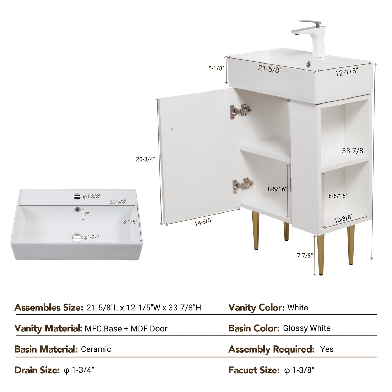 Demi Bonn 21" Bathroom Vanity with Ceramic Sink and Soft-Closing Door, Cloakroom Open Shelf Storage Cabinet on the Right Side, Faucets and Drains Not Included, White