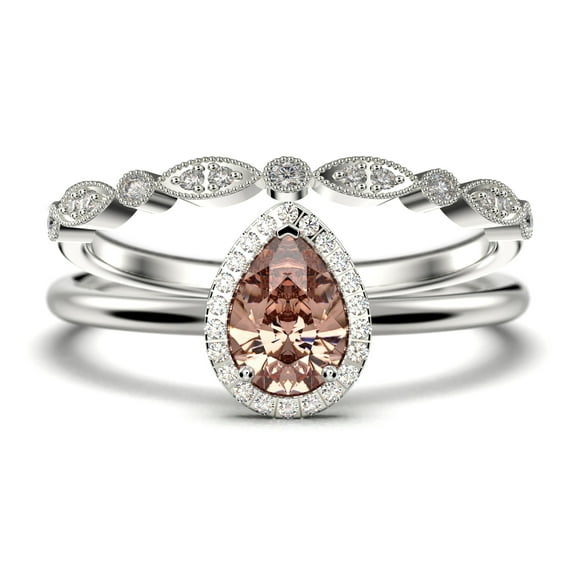 Beautiful Art Deco 1.75 Carat Pear Cut Affordable Morganite And Diamond Moissanite Engagement Ring, Classic Wedding Ring, One Matching Band in 10k Solid White Gold,Promise Ring, Anniversery Ring