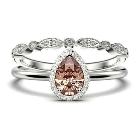 Art Deco 1.75 Carat Pear Cut Morganite & Moissanite Engagement Ring in 10k White Gold