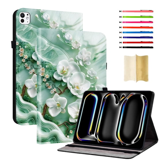 Case for iPad Pro 11" 2025 M5 / iPad Pro 11" 2024 M4, Slim Kickstand PU Leather Flower Butterfly Pattern Heavy Duty Protection Folio Cover, with 2 Card Slots & Elastic Band & Stylus Slot - A