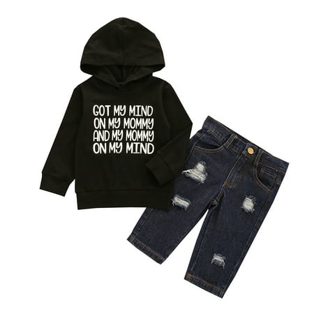

COUTEXYI Boys Fashion 2-piece Outfit Set Letter Print Hoodie+Ripped Jeans Set
