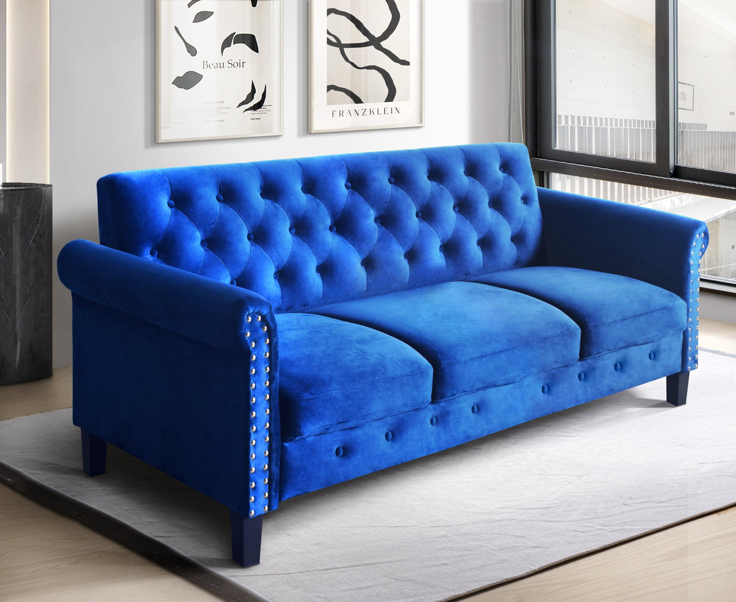 Home Design Casper 2-Piece Velvet Living Room Set with Loveseat and Sofa, Rolled Arms, Nailhead Trim, Navy Blue, Adult