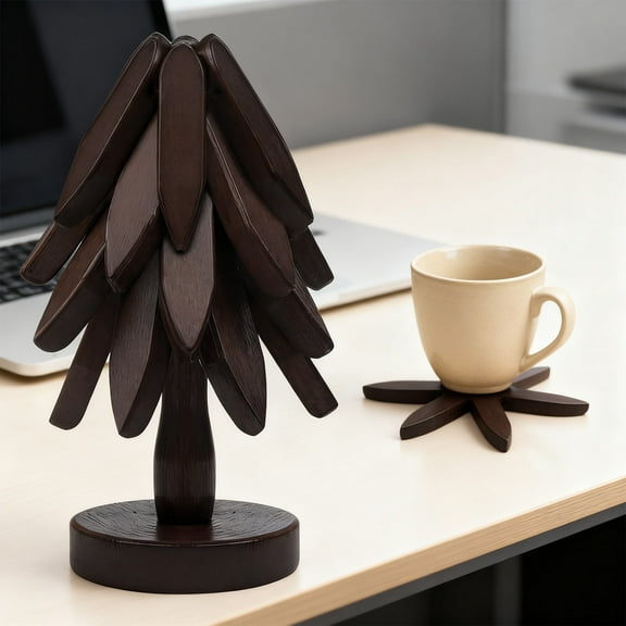 Wooden Trivets for Hot Dishes-Tree Shape Trivet Set, 4 Walnut Wood   1 Stand stored Like a Christmas Tree,Foldable Kitchen Wooden Trivet,for Hot Dishes Pot Bowl Teapot Hot Pot Holder