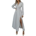 thumbnail image 3 of Women Deep V Neck Long Sleeve Slit Fall Elegant Formal Wedding Guest Evening Date Prom Maxi Long Dress Light Grey M, 3 of 9