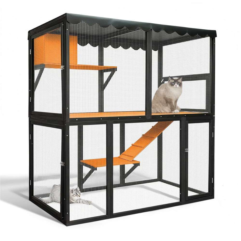 AUU Large Wooden Catio for Multiple Cats, 4-Tier Indoor/Outdoor Cat Enclosure with Waterproof Cover and Ramp